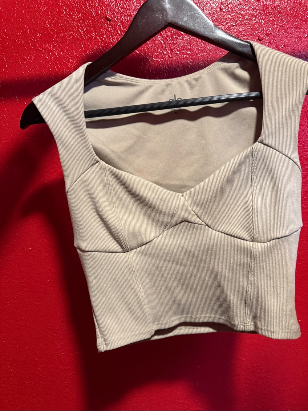 86. Preloved ALO Yoga Ribbed Sweetheart Crop Tank in Taupe Beige